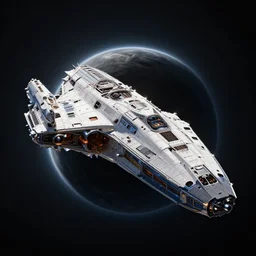 A professional photo of a futuristic spaceship in orbit around a black hole; high-quality, dramatic lighting; extremely high detail; trending on artstation