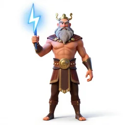 jovial zeus with lightning bolt, stylized pixar-style 3d render, full body, standing, isolated on a pure white background, centered, whole figure in frame, sharp focus, studio lighting