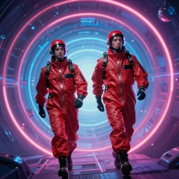 two scientists wearing red rick owens hazmat suits with hands in pockets escaping the neon event horizon by frank frazetta