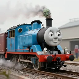 a photo of thomas the train after he's been turned into a zombie. f / 1 6, 3 5 mm, award - winning photography, soft lighting