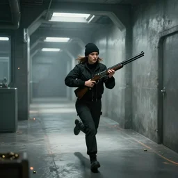 woman running down hallway, wearing black beanie and black bomber jacket, holding shotgun, in an underground lab, brutalist architecture, sterile, unknown location, light and shadows, fire, bullet shells flying, 4k, cinematic, unreal engine