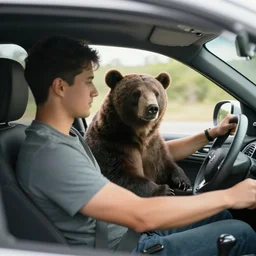 guy driving a car with a bear in the front seat