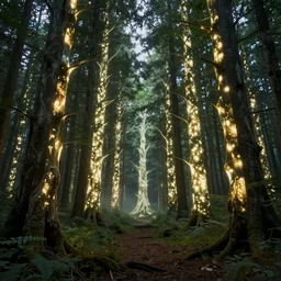 a pyschonautistic paranormal Installation Art in front of a forest that full of glowing trees