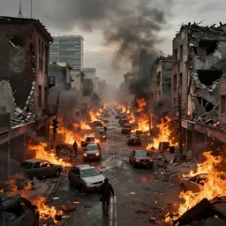 two worlds separate as the world begins to fill with terror and chaos the streets are filled with fire and broken buildings, realistic, 8 k, very detailed, cgi.
