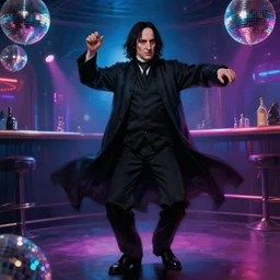 Severus Snape is dancing in a disco bar, full body, realistic, digital painting, neon lighting, cyberpunk, dramatic