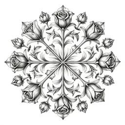 beautiful decorative classical ornamental emblem, fibonacci rhythms, roses, lilies, rose petals, leaves, stems, circular flower buds, highly detailed etching, radially symmetrical, rendered in octane