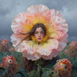 closeup, giant flower as a head, girl surrounded by monsteras, surreal photography, wind and cold, dramatic sky, impressionist painting, digital painting, artstation, simon stalenhag