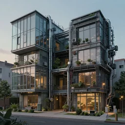 rude complex of modern houses. modern europian architecture, glass and steel, wires and pipes, small lights, small bushes and trees around, nice evening, ornate. nice details, trending on artstation, kitbash, wide shot. nausicaa ghibli, frazetta, moody