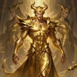a highly detailed illustration of attractive demonic god guy wearing gold, dramatic flashy pose, muscular, art by artgerm and greg rutowski and ilya kuvshinov, intricate, elegant, highly detailed, centered, digital painting, artstation, concept art, smooth, sharp focus, league of legends concept art, wlop.