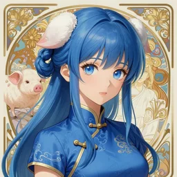 an adult girl with long blue hair and blue eyes, a small pigtail on the left side, white fur on top,, chinese blue dress, chinese style, anime style, hyper detailed, illustration, digital painting, art by artgerm and greg rutkowski and alphonse mucha, high delicate defined details, anime stylized, highly detailed, realistic, sharp focus