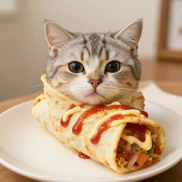 a cute cat trapped in a burrito, covered in ketchup and mayonnaise