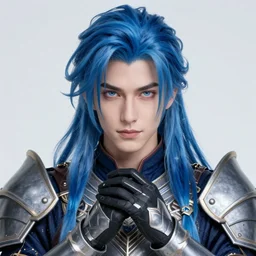 centered detailed portrait of a extremely beautiful aesthetic young man knight, symmetrical, long blue wavy hair, sharp focus on the eyes, final fantasy, - hands, details, intricate, octane render, smooth face, illustration, fairy lighting, hyperrealistic, by wlop and dmitry prozorov, artgerm, artstation, award winning,
