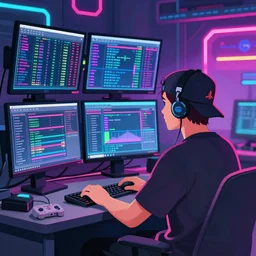a man sitting on his computer with a backwards hat staring at several computer monitors showing crypto trades, colourful, chill, anime asthetic, neon glow, gamer, playstation 2