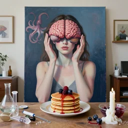 sensual, a portrait in a female art student's apartment, pancakes, woman holding a brain from inside a painting, berries, octopus, surgical supplies, crystals, scientific glassware, art materials, candle dripping white wax, berry juice drips, neo - expressionism, surrealism, acrylic and spray paint and oilstick on canvas