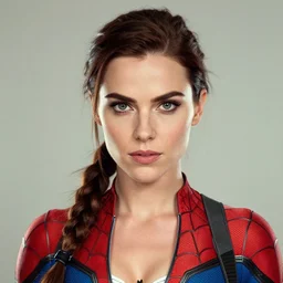 portrait of lara croft as spiderwoman, by charlotte grimm, natural light, detailed face, beautiful features, symmetrical, canon eos c 3 0 0, ƒ 1. 8, 3 5 mm, 8 k, medium - format print, half body shot