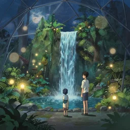 geodesic dome with gardens and waterfall, gapmoe kuudere moody lighting stunning bokeh highlights sharp contrast | trending pixiv fanbox | by greg rutkowski makoto shinkai takashi takeuchi studio ghibli