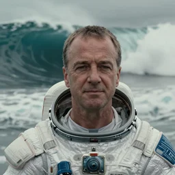 on ocean , cinematic close up shot of saul goodman wearing the spacesuit in scene from the movie interstellar ,shady dull weather, natural dull colours, exteremely giant ocean wave in background