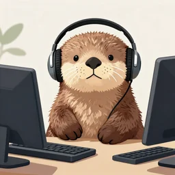 cute sea otter wearing headphones sitting in front of a computer