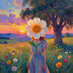 girl with a huge flower as a face, surreal photography, dream, standing in flower field, hills, big trees, sunrise dramatic light, impressionist painting, colorful clouds, digital painting, pointillism, artstation, simon stalenhag, flower face