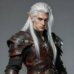 drow rogue with long white hair and leather armor, character portrait, concept art, intricate details, highly detailed photorealistic portrait in the style of adam hughes, seseon yoon, artgerm and warren louw