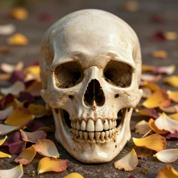 obsidian skull surrounded by flower petals, octane render, trending on artstation