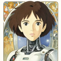 a female cyborg on a spaceship observation deck, finely illustrated face, highly detailed, colored pencil, studio ghibli, tankobon, in the style of ilya kuvshinov and krenz cushart and william - adolphe bouguereau and alphonse mucha