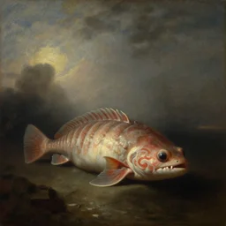 king anomalocaris, rembrandt baroque painting, mysterious, ambient light, dramatic lught, soft colours, oil on canvas