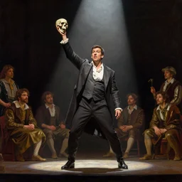 spotlight skillful rendition of adam sandler atop the theater stage brandishing a skull hamlet play theatre oil painting brad rigney william adolphe bouguereau james tissot alexandre benois giotto ilya repin arkhip kuindzhi maximilian pirner
