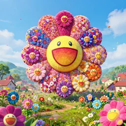 Floral psychedelic apocalypse caused by the crashing of the Murakami flower meteor in the peaceful village, unreal engine 5 render, art by Takashi Murakami, Meteor made out of Murakami flowers