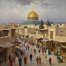 scenic view of a merchant street intersection in a fantasy kasbah, colorful crowd, huge temple in the background with a round roof, overcast dusk, Academic detailed painting by craig mullins and thomas kinkade