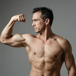 frail man flexing, studio lighting, professional photography, 50mm,