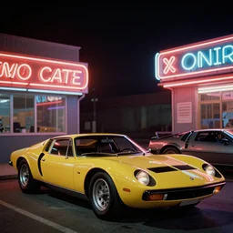 stylized poser of a single 1973 Citroen DM Miura ((McLaren F1)) ((DeLorean)), thick neon lights, ektachrome photograph, volumetric lighting, f8 aperture, cinematic Eastman 5384 film