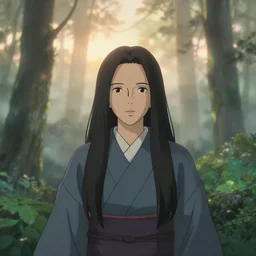 portrait bust of woman front facing, dense forest, long black hair, classic kimono, heavy fog, backlit, princess mononoke, 4 k, greg rutkowski, shallow depth of field, dramatic lighting, sunset, hayao miyazaki, masashi ando, nizou yamamoto, kazuo oga, joe hisaishi, yoji takeshige, naoya tanaka