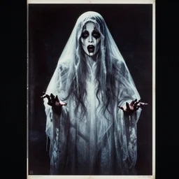 a creepy ghost woman, poster from a late 1 9 8 0's horror film