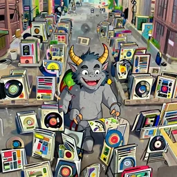 a wholesome illustration of a happy cartoon demon with horns and colored red selling records in the streets of New York, studio Ghibli, Pixar and Disney animation, sharp, Rendered in Redshift and Unreal Engine 5 by Greg Rutkowski, Bloom, dramatic lighting
