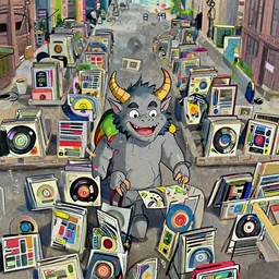 a wholesome illustration of a happy cartoon demon with horns and colored red selling records in the streets of New York, studio Ghibli, Pixar and Disney animation, sharp, Rendered in Redshift and Unreal Engine 5 by Greg Rutkowski, Bloom, dramatic lighting