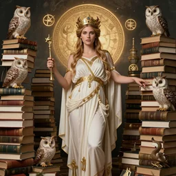 jenna dewan as the goddess minerva surrounded by stacks of books, owls, esoteric symbols, in the style of! dream bebe rexha as the goddess minerva surrounded by stacks of books, owls, esoteric symbols, in the style of dariusz zawadzki, 8 k, hyperdetailed