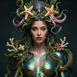 front view portrait of a beautiful latino water goddess, fish scale skin, brown eyes, brown lips, entwined in seaweed and coral, an octopus and starfish crown, highly detailed, sci - fi, intricate, decadent, octane render, concept art, smooth, sharp focus, hyper - realistic