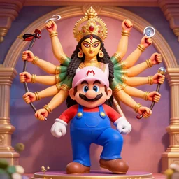 supermario as durga hindu god with many arms sprawled out behind her,