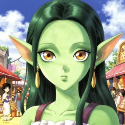 character portrait of the goblin princess with gorgeous detailed eyes in the marketplace in the sky, color page, tankoban, 4 k, tone mapping, doll, akihiko yoshida, james jean, andrei riabovitchev, marc simonetti, yoshitaka amano, green skin