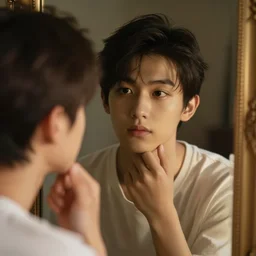 young boy seeing himself in a mirror