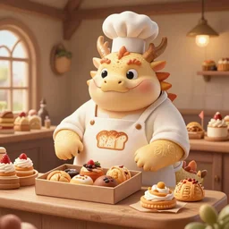 cute scene inside a fantasy bakery, a short fat obese dragon baker wearing an apron with bread logo over the round belly is selling a box of pastries, intricate, highly detailed, artstation, concept art, smooth, sharp focus, natural lighting, art by artgerm and greg rutkowski
