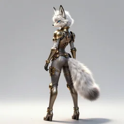 full body of anthropomorphic lynx fursona from behind wearing steampunk suit, strange pose, beautiful, gorgeous, elegant young woman with lynx head, fluffy tail, paw pads, by charles liu, don bluth, tanidareal, kim jung gi, irakli nadar, intricate linework, white fur, unreal engine 5, radiant light, styled hair, fantasy style, perfect