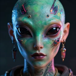 synthwave insect alien face with neon tattos, detailed face, sharp focus, synthwave art, aesthetic, octane render, raw, cinematic