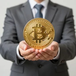 businessman holding a happy bitcoin