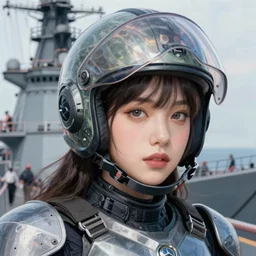 portrait of bluepunk blackpink jisoo armor airforce girl, helmet, on board of warship, highly detailed, digital painting, face detail, sharp focus, art, illustrations by loish and ayanamikodon and irakli nadar and rossdraws and wlop