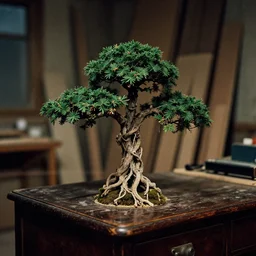 bonzai tree on an old desk, close up, home lighting, dark old carpentry room backdrop, blurry background stuff, nighttime, film grain, 3 5 mm panavision camera, high detail