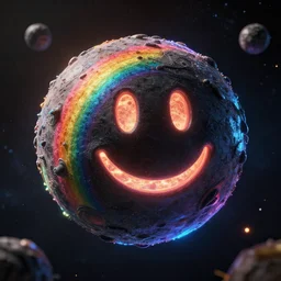 rainbow black hole with a smiley face floating in space, surreal, sharp focus, digital art, epic composition, concept art, dynamic lighting, intricate, highly detailed, 8 k, unreal engine, blender render