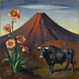 vulcano, flowers, bull, surreal by dan mumford and umberto boccioni, oil on canvas