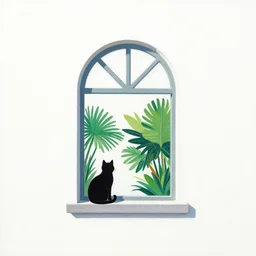 minimalist gouache painting of a cat and tropical plants sitting on the window sill of a single arched window, white background,